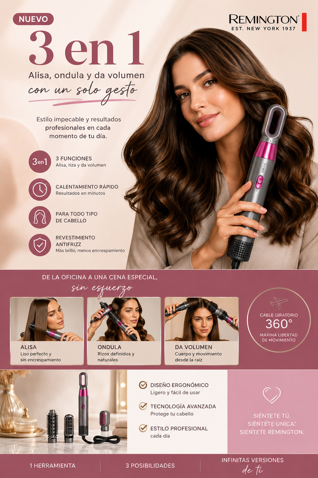 Cepillo de cabello eléctrico multifuncional 3 en 1 Remington